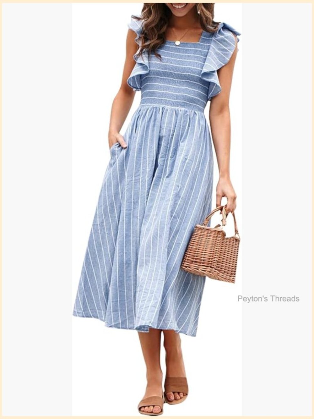 Smocked Midi Dress with Pockets Flutter Sleeve Boho Flowy A Line Modest